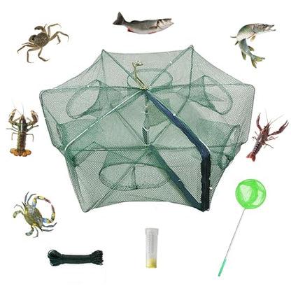 Foldable Fish Trap,Minnow Crawfish Crab Crayfish Bait Net,Portable Shrimp | 1/2 Pcs Crawdad Cast,Nylon Mesh Steel Frame,Durable Lightweight Zipper,Entrances 360 Design,Lakes Rivers Sink Catch - color: 1Pc 6 holes
