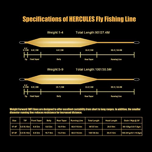 HERCULES Fly Fishing Line Floating Weight Forward Fly Line with Double Welded Loop - color: Gold & Moss Green, size: WF3F 90FT