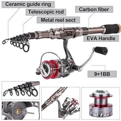 Sougayilang Fishing Rod and Reel Set Carbon Fiber Telescopic Fishing Rod 12+1BB Spinning Reel with Carry Case for Saltwater Freshwater - color: silver, size: 6.89 ft - 3000
