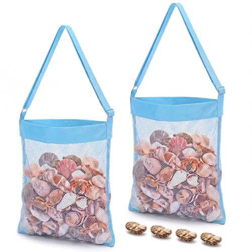 VioraWhite 2 Pcs Extra Large 14 x 16inch Clam Mesh Chum Beach Bags for Seashells Clams Treasures Sand Away Foldable Shell Collection Bags with Adjustable Straps (Blue) - color: Blue