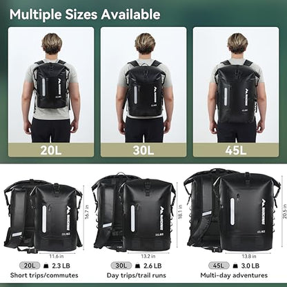 MARCHWAY Roll Top Waterproof Backpack, Floating Dry Bag 20L/30L/45L with Ergonomic Rectangular Base, Cushioned Back, Hip Strap for Hiking Camping Kayaking Travel (Black, 45L) - color: Black, size: 45L