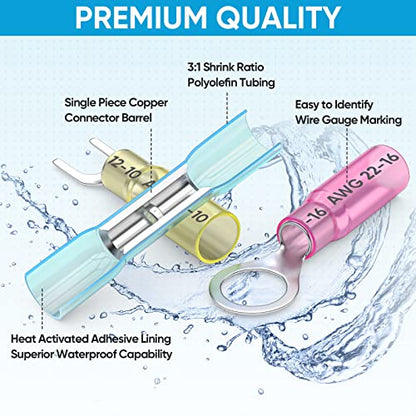 TICONN 250Pcs Heat Shrink Wire Connectors, Waterproof Automotive Marine Electrical Terminals Kit, Crimp Connector Assortment, Ring Fork Spade Butt Splices - style: 250PCS Combo
