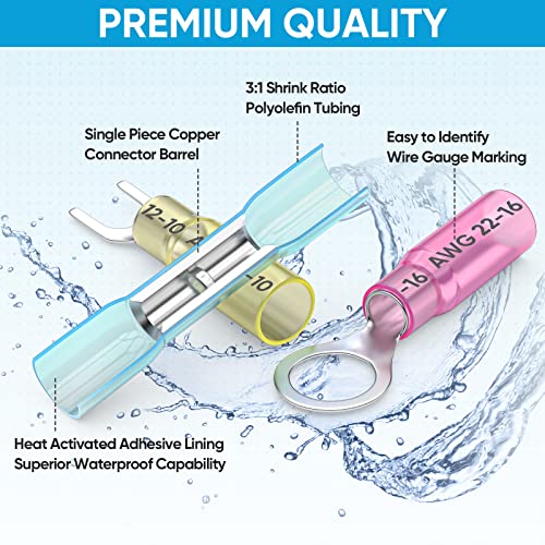 TICONN 120Pcs Heat Shrink Wire Connectors, Waterproof Automotive Marine Electrical Terminals Kit, Crimp Connector Assortment, Ring Fork Spade Butt Splices - style: 120PCS Combo