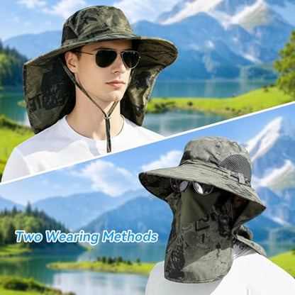 ALANDUO Wide Brim XXL Sun Hats for Men Big Head, UPF 50+ Fishing Sun Hat with Neck Face Flap, Safari Boonie Hat for Men Women - color: Ink Army Green