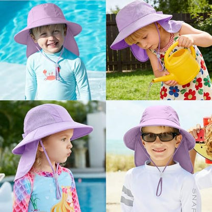 Outdoor Kids Sun Hats with Neck Flap Boys Girls Wide Brim UPF 50+ UV Protection Children Bucket Hat Safari Hat - color: 1pack-purple