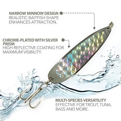 Crocodile Spoon Fishing Lures 1oz, 6 Pcs Silver Chrome with Treble Hooks, for Saltwater & Freshwater Fishing, Includes Sharp Hook Setup, Ideal for Tuna, Trout, Bass, Walleye, Halibut & More