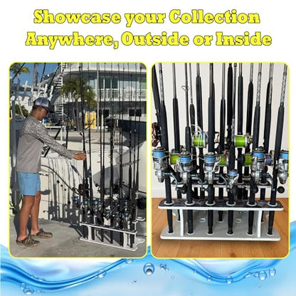 Rush Creek Creations Reel Salty 19-Rod Marine Grade Fishing Pole Holder with Tri-Level Design, UV-Resistant, 100% Waterproof Fishing Rod Holder for Garage and Dock, Blue/White - size: 19-Rod