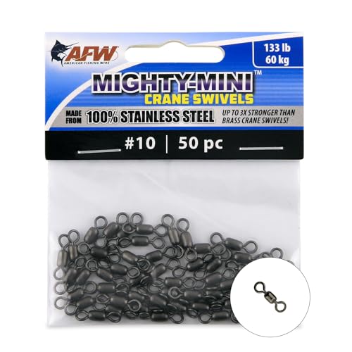 AFW American Fishing Wire Fishing Swivels - Mighty Mini 100% Stainless Steel Crane Swivels, 3X Stronger Than Brass, for Terminal Tackle Box, Up to 600lb Test - Fishing Gear for Fishing Line Leaders - size: 50 Pieces, 133 Pound Test