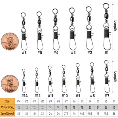 Alwonder 100-Pack Fishing Snap Swivels, Barrel Swivels Fishing Tackle with Snaps Freshwater, Stainless Steel Safty Interlock Snap Swivel Black Nickel Coated Lure Hook Connector Quick Change Clips - size: #9-31LB- 1.34"