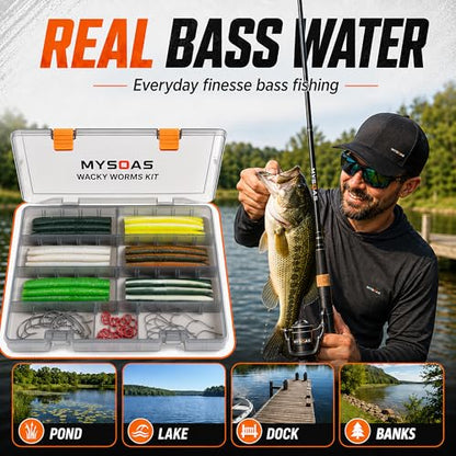 Wacky Worms Bass Fishing Kit, 71pcs 4 in Stick Worm Soft Plastic Baits, Wacky Hooks, EWG Hooks, O-Rings, 6 Colors, 3600 Tackle Box