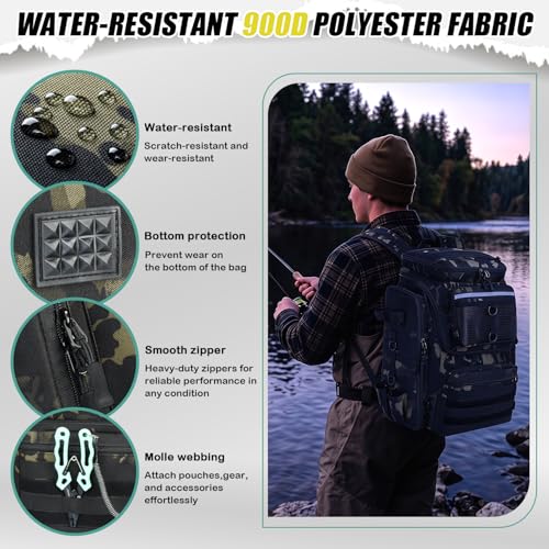 HAMBOLY Fishing Backpack 45L with Rod Holders, Water-Resistant Tackle Backpack for Fishermen, Large Capacity Fishing Gear Bag for Travel Hiking Camping - color: Dark CM (4 Tackle Boxes Included)