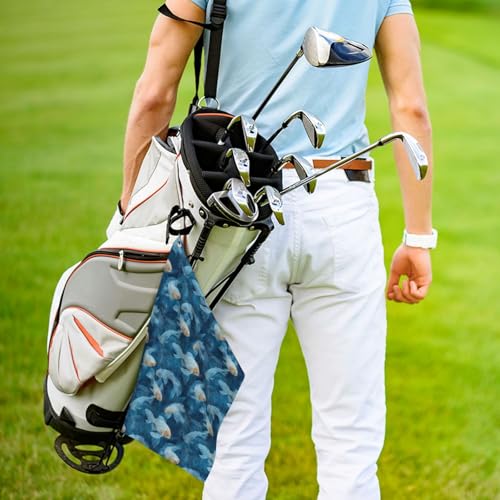 Blue Fish Pond Print Golf Towel, Microfiber Golf Towels for Bags with Carabiner Clip 16 x 24 inches, Men Womens Golfs Accessories
