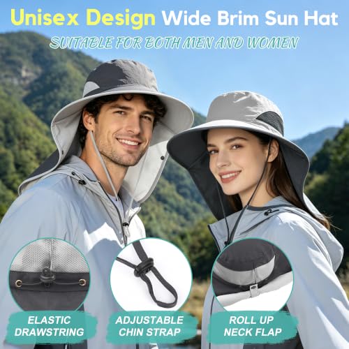 2 Pack Women Men Outdoor Wide Brim Sun Hat with Neck Face Flap,UPF 50+ Protection Fishing Garden Work Hat with Ponytail Hole - color: Dark Grey ＆ Light Grey