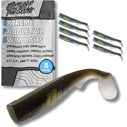 Extreme Paddle Tail Swim Baits - Soft Plastic Swimbaits, Premium Paddle Tail Swimbaits for Bass Fishing, Great Action Lifelike Saltwater Soft Swimbait Shad Lure - color: Green Pumpkin Shad, size: 5.5"