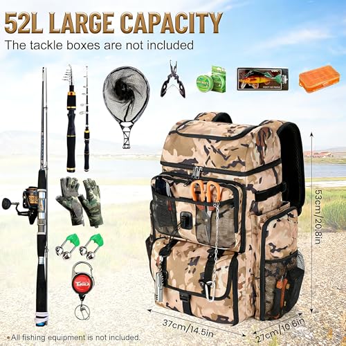 VJI Fishing Tackle Backpack with Rod Holder, Large Tactical Backpack, Fishing Gear Tackle Box Tactical Backpack, Water Resistant Sport Bag and Equipment - color: Khaki Camo