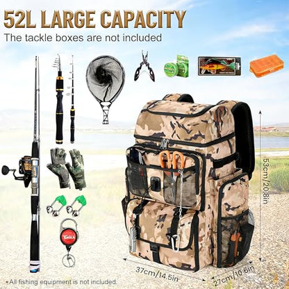 VJI Fishing Tackle Backpack with Rod Holder, Large Tactical Backpack, Fishing Gear Tackle Box Tactical Backpack, Water Resistant Sport Bag and Equipment - color: Khaki Camo