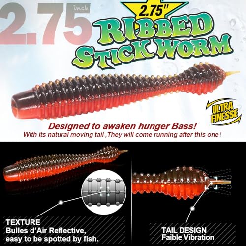 Ned-Rig-Kit-Finesse-Baits-Soft-Plastic-Worms-Fising-Lure for Bass Stick Swimbait Minnow Crawfish Lures Shroom Ned Jig Head Kit - color: 35-Piece 2.75'' #02 Stick Worms Ned Rig Kit