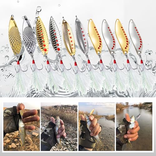Fishing Lures 10pcs Spoon Spinner Baits FS/YE-09 | with Rooster Tail Treble Hook,Zinc Alloy Fishing Spoons,for Bass Trout Pike Walleye Salmon, Freshwater Saltwater - size: 2.36'',0.88oz