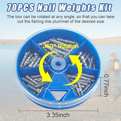 Fishing Nail Weights Kit, 70pcs Wacky Worm Weights Insert Sinkers Fishing Weights Tackle for Plastic Worms Lures Nail Sinker Weights for Wacky Rig Neko Rig Bass Fishing 4 Sizes