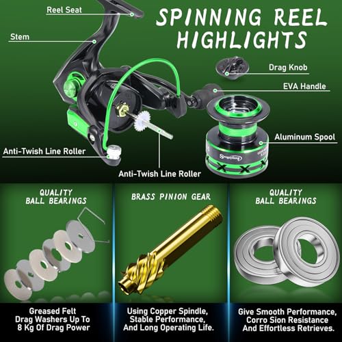One Bass Fishing Rod Reel Combos, Spinning & Casting Combo, Graphite 2Pc Blanks, Stainless-Steel Guides, Super Polymer Handle - color: Spinning Combo-2 PACK, size: 6'0"