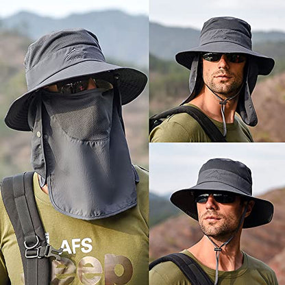 Sun Hat for Men Women, Summer UV Sun Protection Wide Brim Fishing Hat for Men with Face Cover & Neck for Hiking - color: Dark Grey(with Face Cover & Neck Flap)