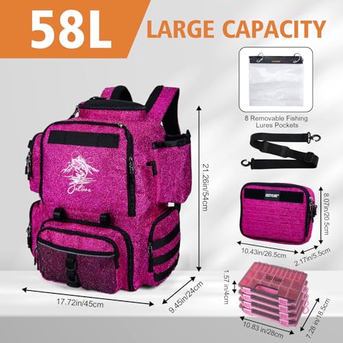 Goture Fishing Backpack with 4 Tackle Boxes,58L 900D Water-Resistant Tackle Backpack with Cooler,Rod Holders,8 Lure Pockets, Detachable Crossbody Bag,Gear Storage Large Fishing Bag for Camping Hiking - color: D1:bling Pink With 4 Tackle Boxes
