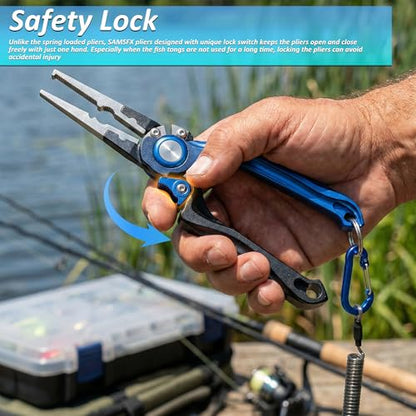 8.0” Lockable Fishing Pliers, Corrosion Resistant Saltwater Fishing Gear | Multi Purpose Fishing Tools - Braid Fish Line Cutter Split Ring Pliers Hook Remover Crimper w/ Lanyard, Fishing Gift for Men