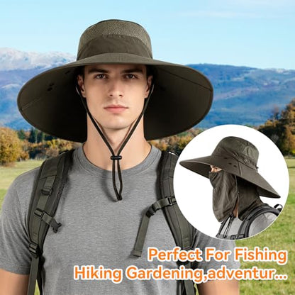 Super Wide Brim Fishing Hat UPF 50+ Sun Safari Hat with Removable Neck Face Flap - color: Army Green