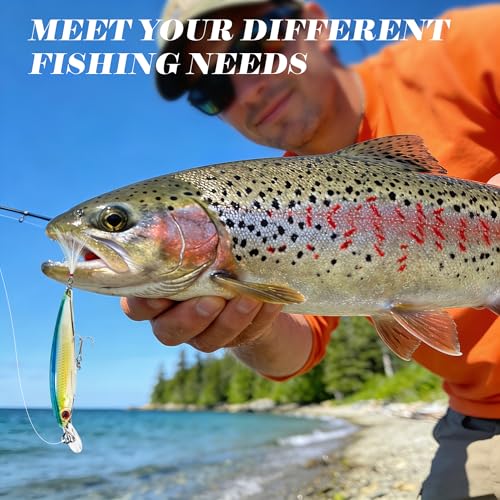Floating Minnow Fishing Lures with Feathered Treble Hooks, 3D Lifelike Eyes & Holographic Finish, Topwater Hard Baits for Bass, Redfish, Freshwater & Inshore Saltwater Fishing, 3 Pack (A) - color: B-3.6inch/0.24oz/3pcs