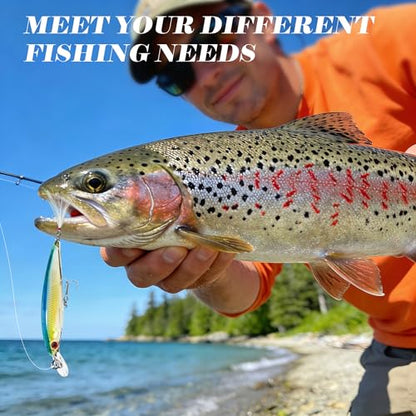 Floating Minnow Fishing Lures with Feathered Treble Hooks, 3D Lifelike Eyes & Holographic Finish, Topwater Hard Baits for Bass, Redfish, Freshwater & Inshore Saltwater Fishing, 3 Pack (A) - color: B-3.6inch/0.24oz/3pcs