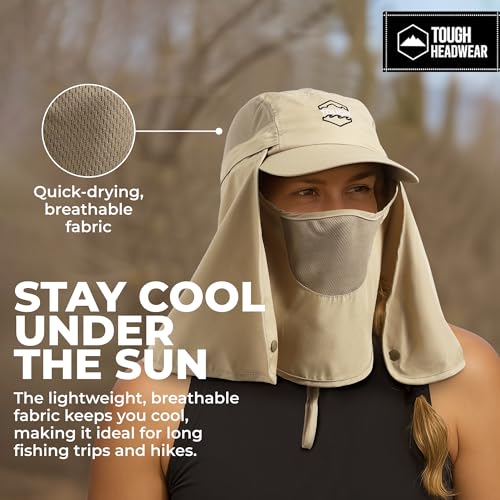 Tough Headwear Fishing Cap w/Face Mask & Neck Flap - Sun Protection Hat with UPF 50 -Landscaping Hats for Women and Men - color: Khaki