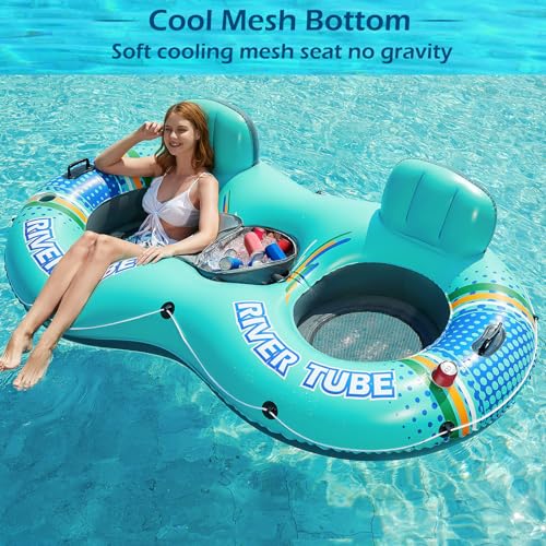Jasonwell Heavy Duty 2 Person Inflatable River/Pool Tube Float with Removable Cooler, Tubes for Lake, Floating River Raft Lounge Floatie with 2 cup Holders For Adults, Cyan - style: DoubleTube-Cyan