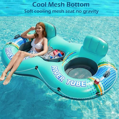 Jasonwell Heavy Duty 2 Person Inflatable River/Pool Tube Float with Removable Cooler, Tubes for Lake, Floating River Raft Lounge Floatie with 2 cup Holders For Adults, Cyan - style: DoubleTube-Cyan