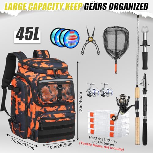 HAMBOLY Fishing Backpack 45L with Rod Holders, Water-Resistant Tackle Backpack for Fishermen, Large Capacity Fishing Gear Bag for Travel Hiking Camping - color: Black and Orange Graffiti