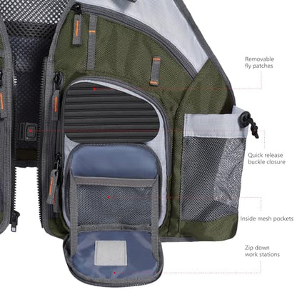 BASSDASH Strap Fishing Vest Adjustable for Men and Women, for Fly Bass Fishing and Outdoor Activities - color: Dark Green