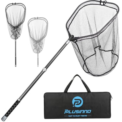 PLUSINNO Large Fishing Net, 3.4-7.7 FT Carbon Fiber Fish Net with Long Telescoping Handle, Kayak Fishing Gear Accessories Foldable Landing Net for Bass, Trout, Catfish, Fishing Gifts for Men Father - size: 4.9 FT (59.1") Full Length