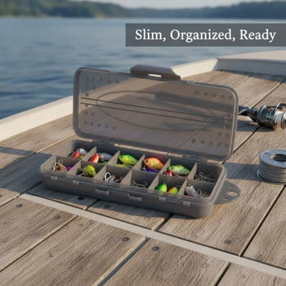 Kayak and Bank Fishing Essential: Double-Sided Folding Tackle Box with 12 Compartments for Lures, Slim PP Plastic Organizer - color: Gray