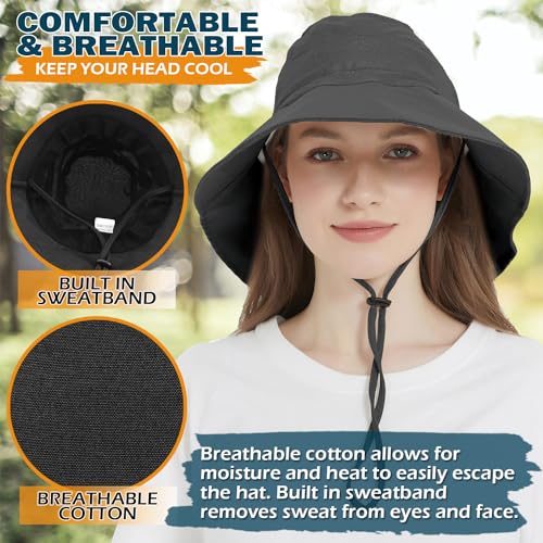 Women's Cotton Sun Hat with Neck Flap, UV Protection Wide Brim Outdoor Hat | Adjustable Fit, Moisture-Wicking & Breathable, Packable & Lightweight for Fishing Hiking Gardening Beach Safari - color: Black