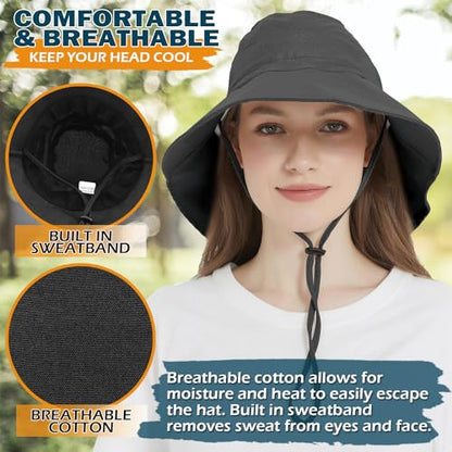 Women's Cotton Sun Hat with Neck Flap, UV Protection Wide Brim Outdoor Hat | Adjustable Fit, Moisture-Wicking & Breathable, Packable & Lightweight for Fishing Hiking Gardening Beach Safari - color: Black