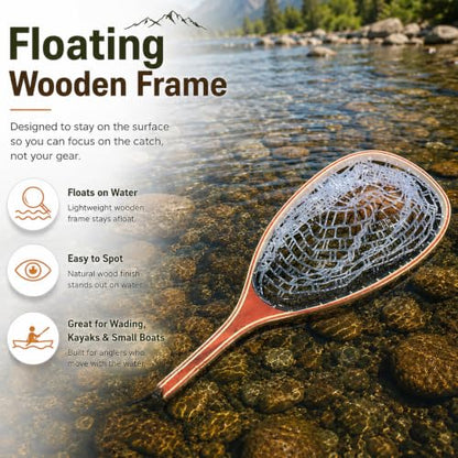 Wooden Fly Fishing Landing Net with Clear Soft Rubber Netting, Floating Trout Net, Magnetic Quick Release Buckle, Anti-Loss Rope, 10.4 x 15 in Hoop, 23.6 in Length, 0.75 lb