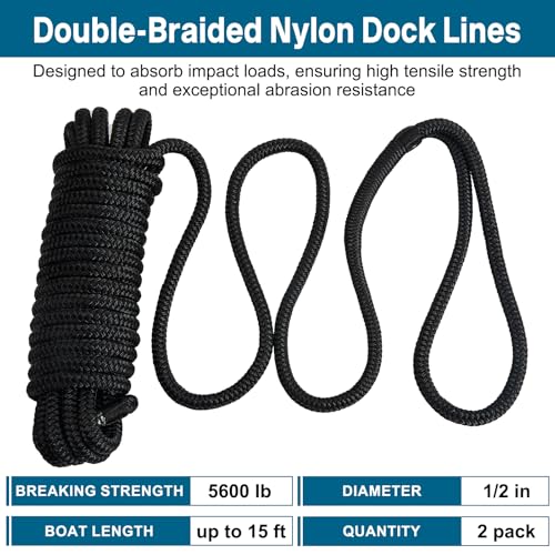 2 Pack 1/2" x 15' Boat Dock Lines for Boat & Pontoon, Premium Marine- Grade Double Braided Nylon Boat Lines, Pre-Spliced with a 12" Eyelet-Black,High Strength,Easy Handling,Boating Gifts for Men. - size: 1/2" x 15' (Pack of 2)