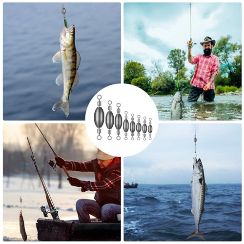 Seenelling 48 Pcs Trolling Sinkers with Swivels Brass Fishing Sinker Different Sizes Egg Sinkers Fishing Weights Saltwater Bullet Sinker with Swivel Rolling Removable Freshwater - size: 8 Sizes