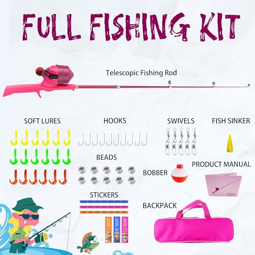 Kids Fishing Pole, Telescopic Fishing Rod, Toddler Collapsible Fishing Rod and Reel Combo with Tackle Box, Fishing Line, Bobber, and Soft Lures for Boy, Girl, Youth, Beginner, Over 4 Years Old - color: pink