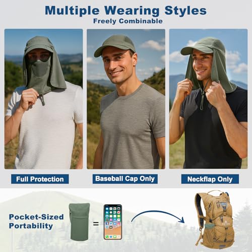 Surblue Neck Face Flap Outdoor Cap UV Protection Sun Hats Fishing Hat Quick-Drying UPF50+ - color: B-army Green, size: Small