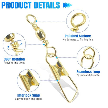 AGOOL Fishing Swivels Snaps, 60/120pcs Barrel Swivels with Nice Snaps Gold High Strength Solid Rings Line Lures Connector Fishing Tackle Accessories - size: #6_60pcs