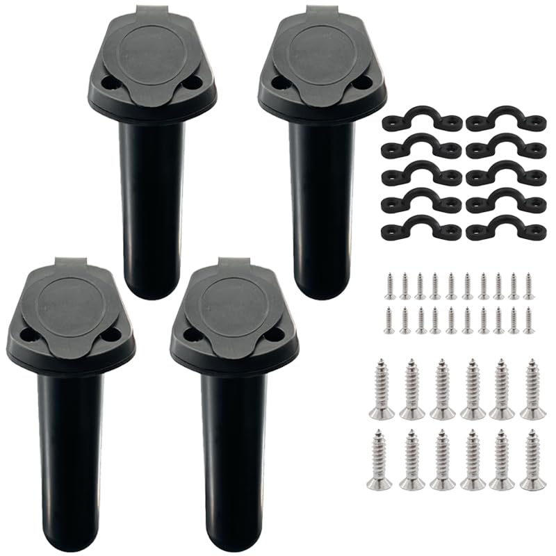 ISURE MARINE 4pc Kayak Fishing Rod Holder - Plastic Flush Mount Boat Rod Holders with Cap Cover for Canoe and Fishing Tackle Accessory