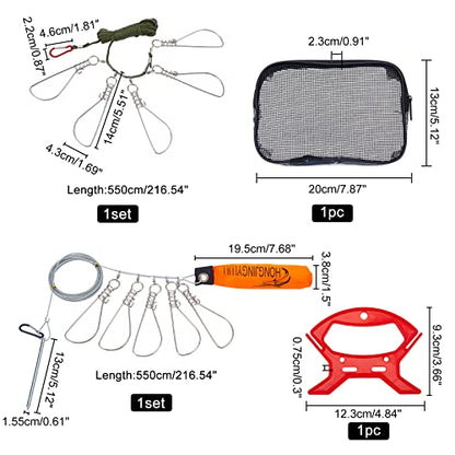 SUPERFINDINGS 2Sets 2 Style Stainless Steel Fishing Stringer Clip Set Including Hooks Wire Clasps Foam Buoyancy Rods Plastic Handlea and Storage Bag