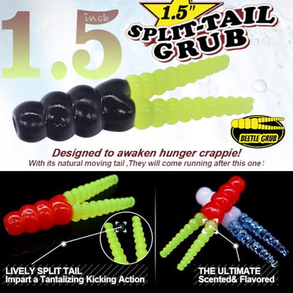 Crappie Jigs and Lures Kit -135 & 40 Piece Set with Plastics, Jig Heads, Split-Tail Grub Baits - Perfect for Crappie Fishing, Panfish Lures - color: Split-Tail Grub 135 pc.KIT