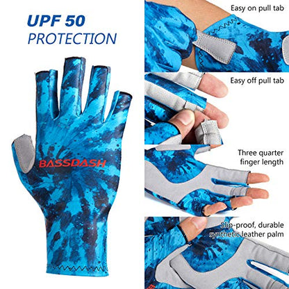 Bassdash ALTIMATE UPF 50+ Sun Protection Fingerless Fishing Gloves Men - color: Blue Camo, size: X-Large
