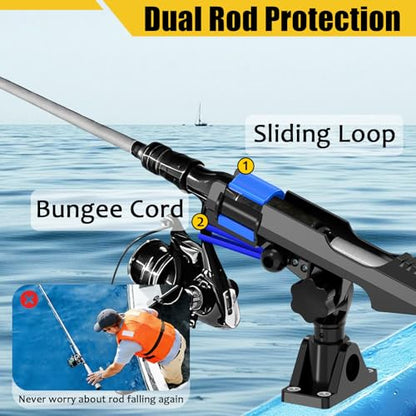 2-in-1 Fishing Rod Holder for Boat Kayak Rod Holder Track Deck Mount, Secure Fishing Pole Holders with Triple Rod Protection, Dual T Bolt, Bungee Cord & Sliding Loop